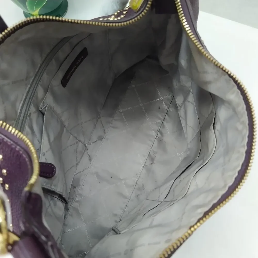 Michael Kors Aria Purple Pebbled Leather Studded Zipper Closure Shoulder Bag